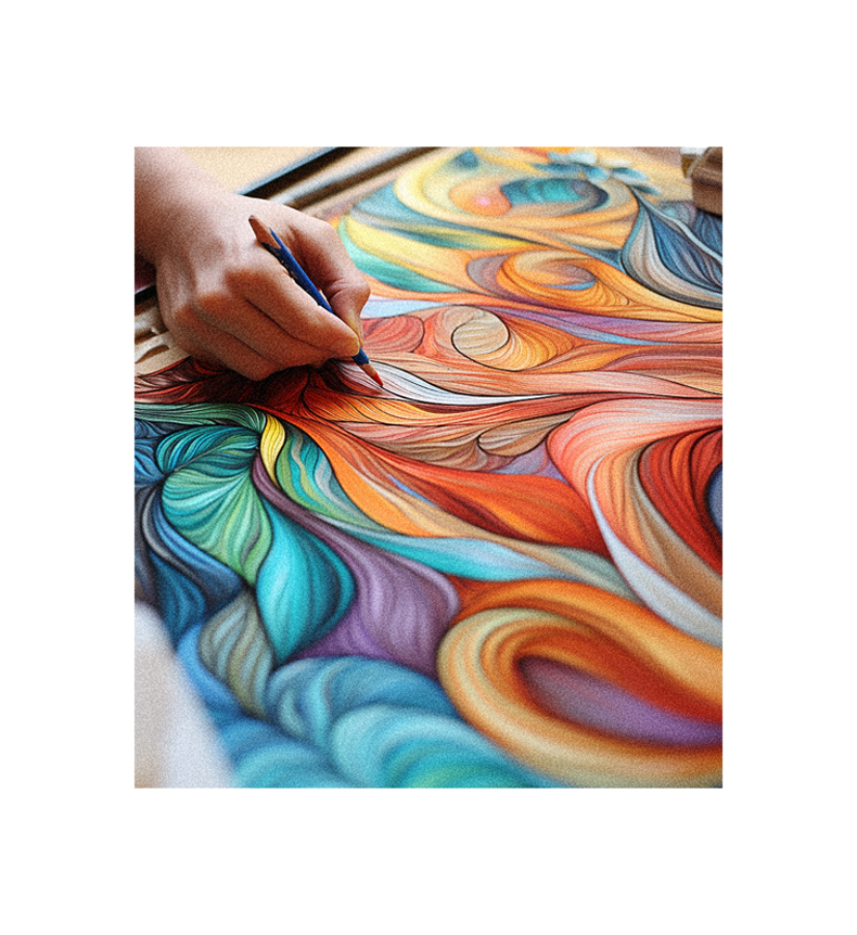 A person is painting a colorful swirl on a piece of paper.