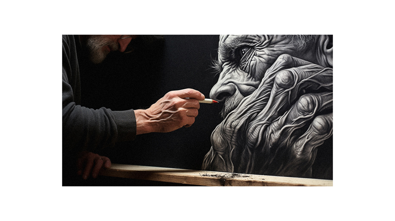 A man is working on a black and white drawing of an old man.