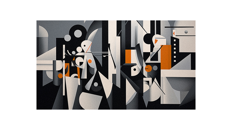 An abstract painting with black and white shapes.
