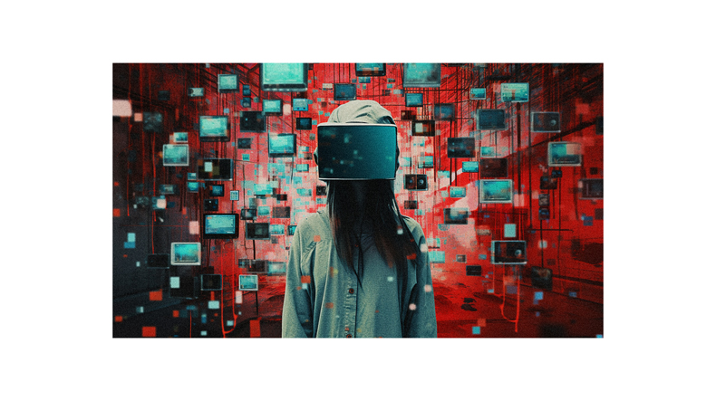 A woman wearing a vr headset in front of a red background.