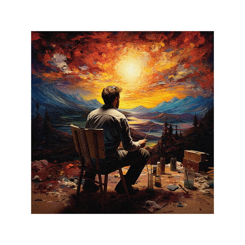 A painting of a man sitting on a chair in front of a sunset.