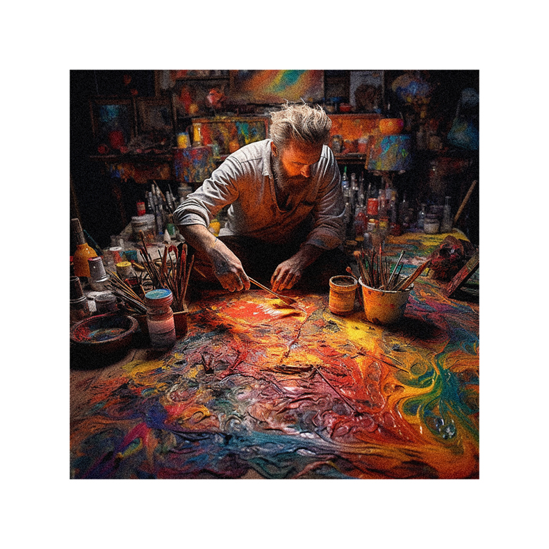 A man is painting on a table in front of a colorful painting.