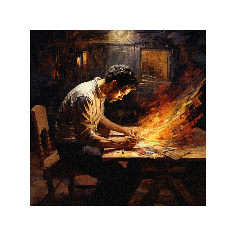 A painting of a man working at a table with fire.