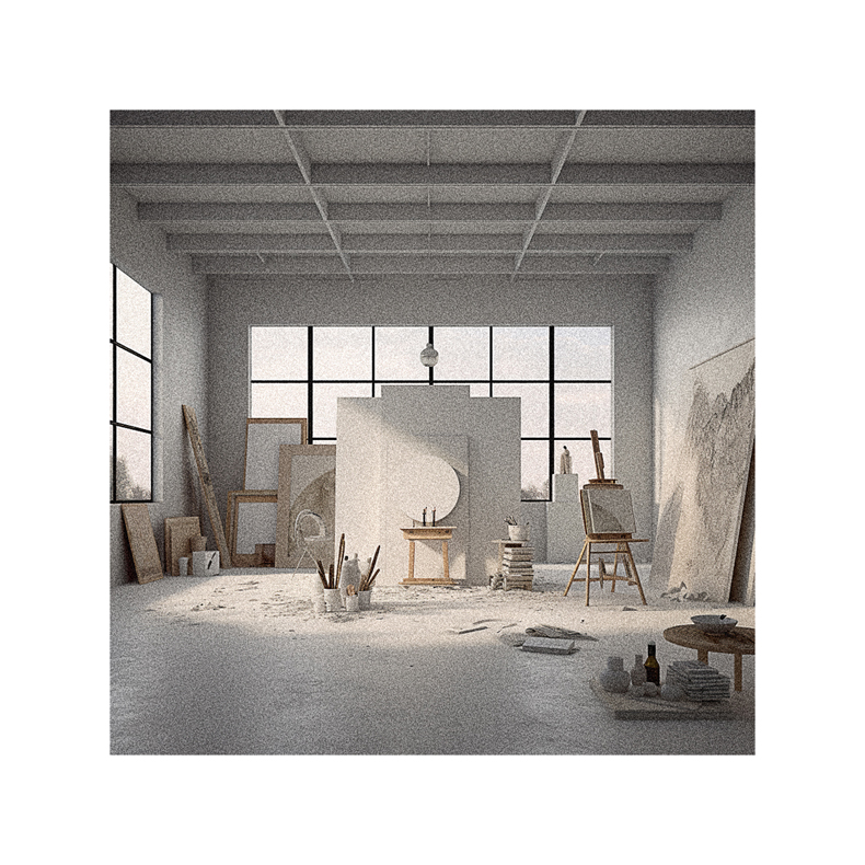 A white art studio with a lot of equipment.