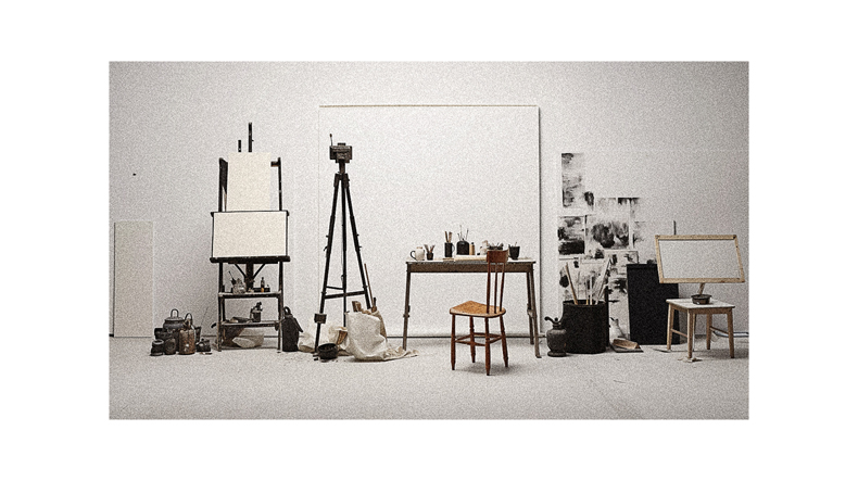 A white room with several easels and chairs.