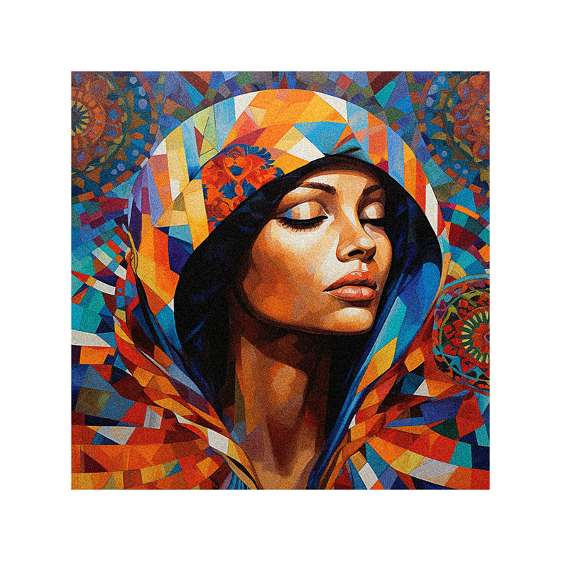 A painting of a woman in a colorful hoodie.