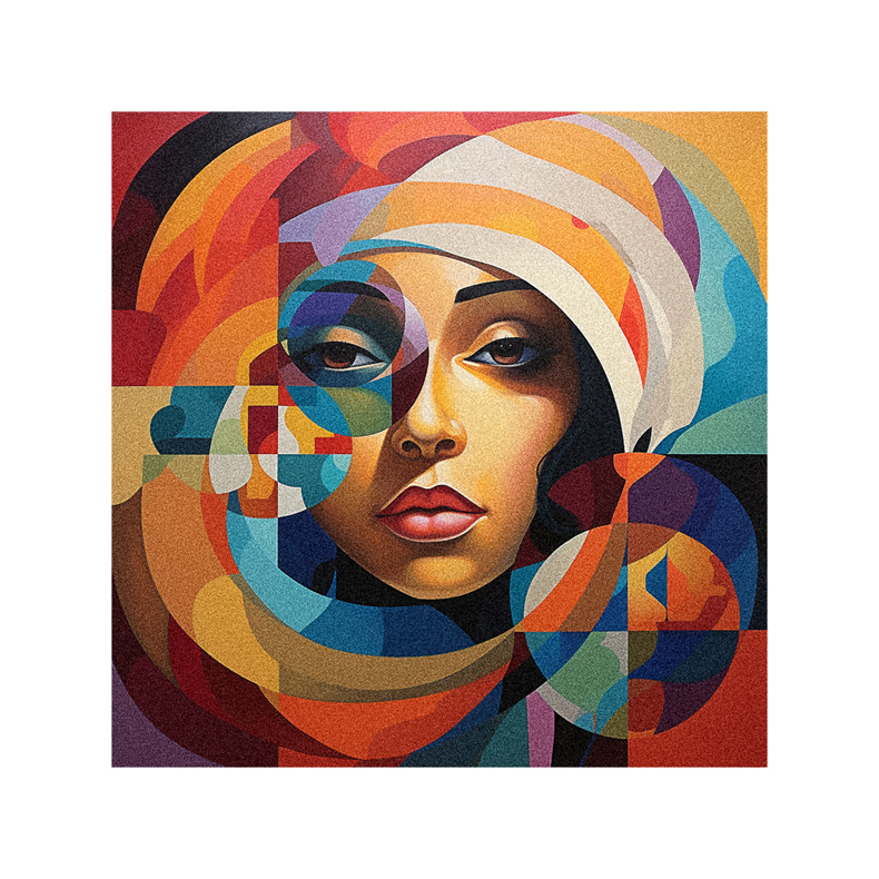 An abstract painting of a woman's face.