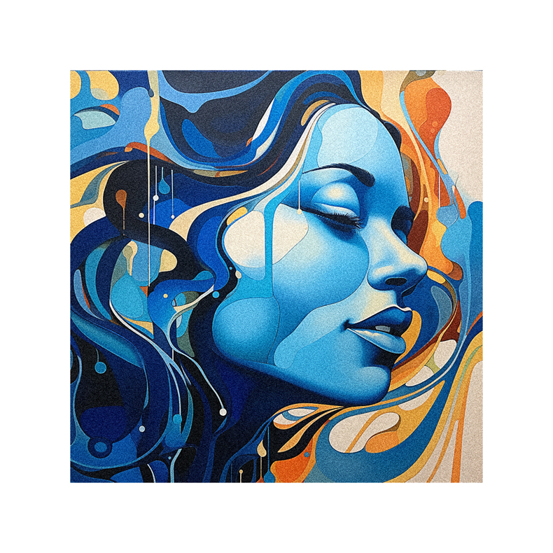 A blue and orange painting of a woman's face.