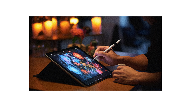 A person is drawing on an ipad pro with a pen.