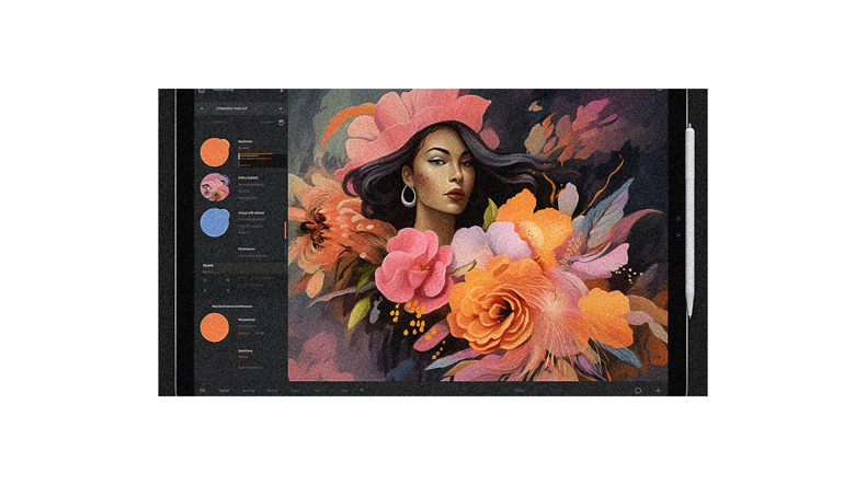 An image of a woman with flowers on her ipad.