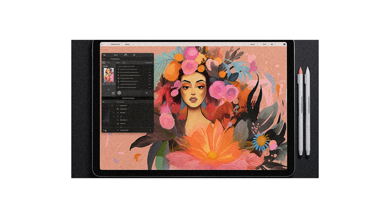 An ipad pro with an image of a woman with flowers on it.