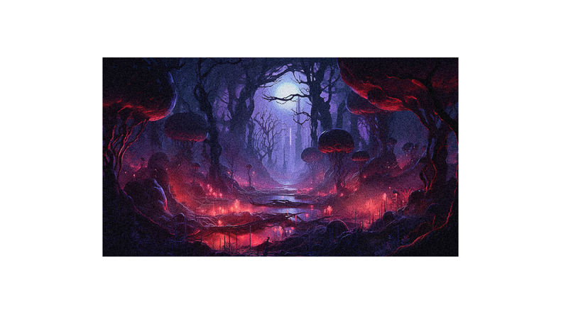 A painting of a forest with trees and a fire.