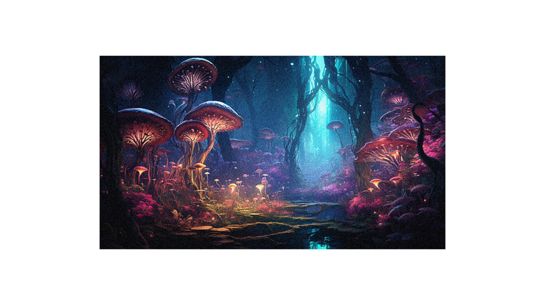 A painting of mushrooms in a dark forest.
