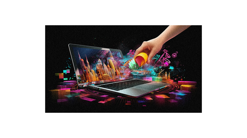 A hand is holding a laptop in front of a colorful background.