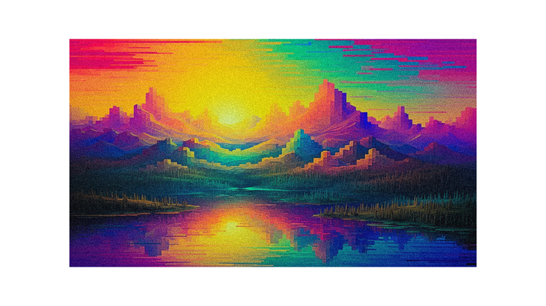A colorful painting of mountains and a lake.
