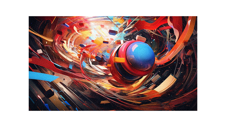 An abstract painting of a red, blue, and green ball.