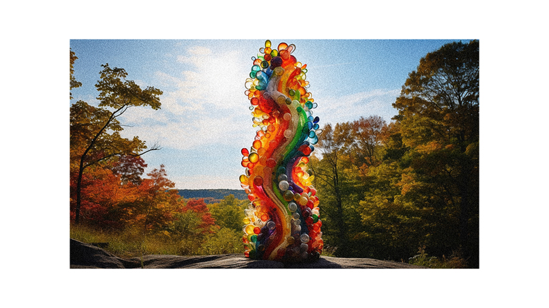 A colorful glass sculpture on top of a hill.