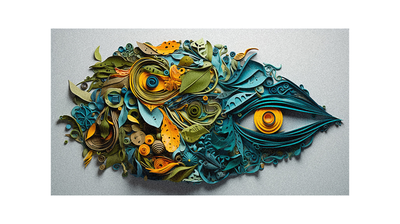A paper sculpture of a fish made of flowers and leaves.