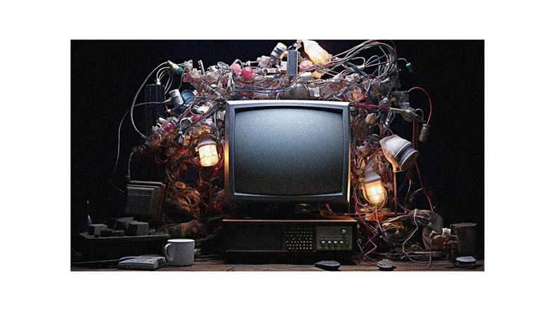 A television with wires and wires on top of it.