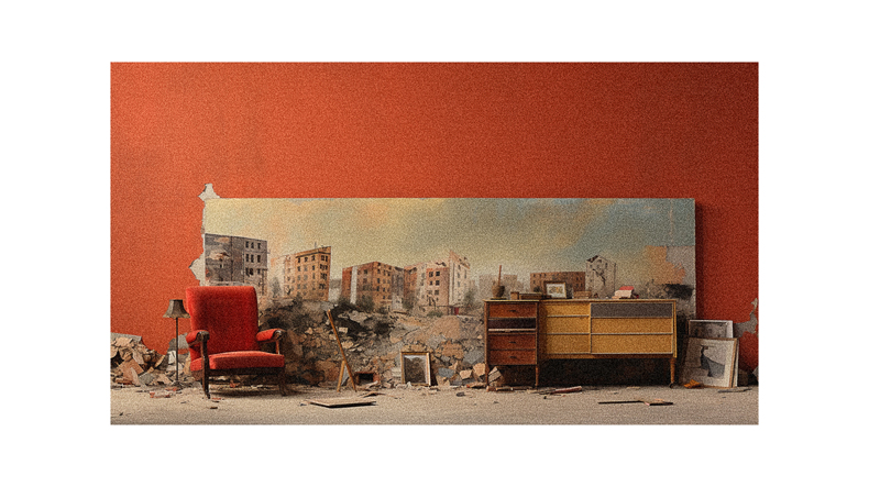 A room with a red chair and a painting on the wall.