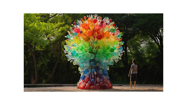 A person standing next to a colorful tree made of plastic bags.