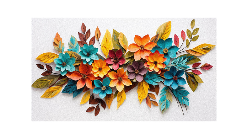 An arrangement of colorful paper flowers on a wall.