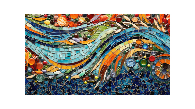 A colorful mosaic painting of a wave.