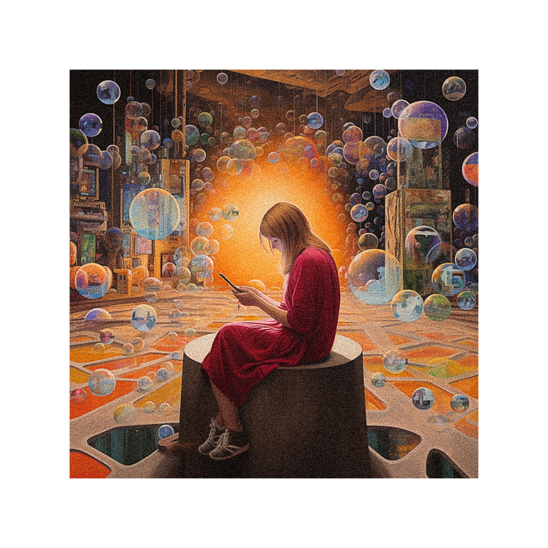 A painting of a girl sitting on a stool in front of bubbles.