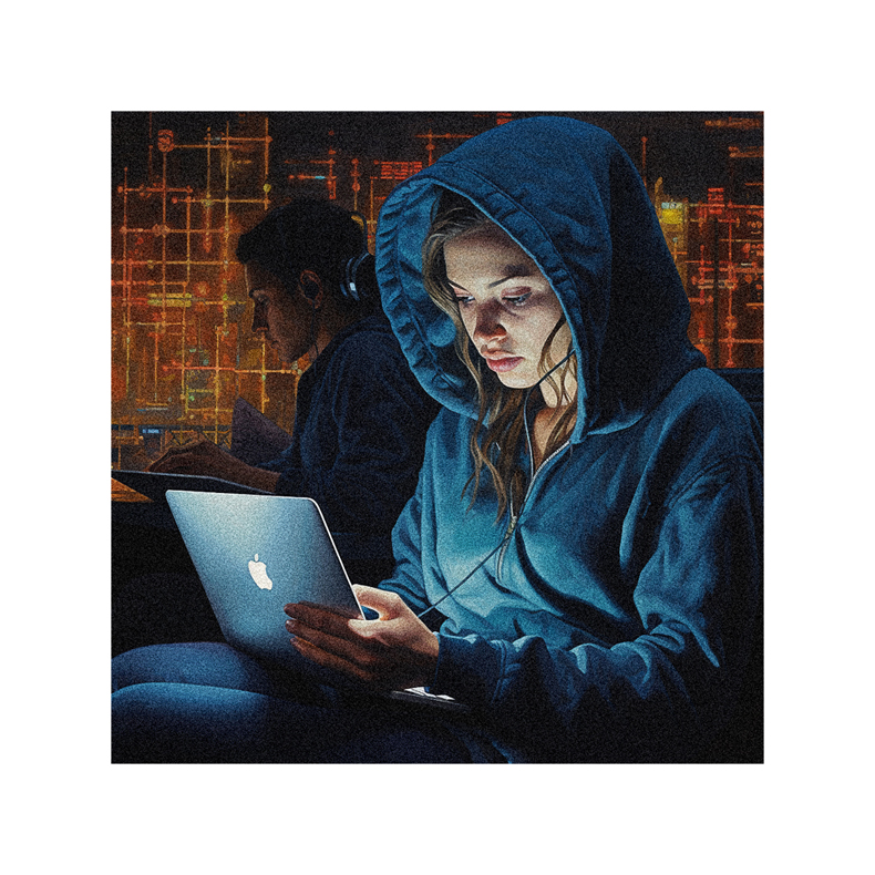 A woman in a hoodie is using a laptop at night.