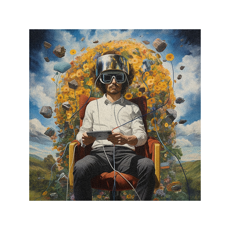 A painting of a man sitting in a chair with a video game controller.