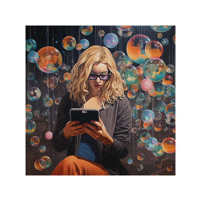 A painting of a woman using a tablet with bubbles around her.