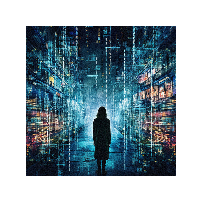 An image of a woman standing in a city full of digital code.