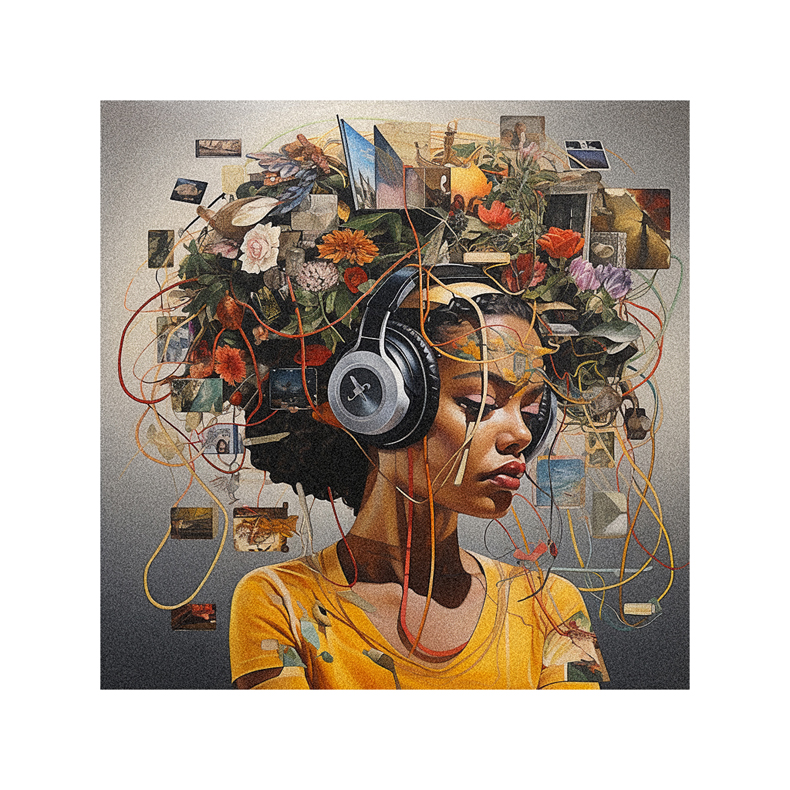 A painting of a woman with headphones on her head.