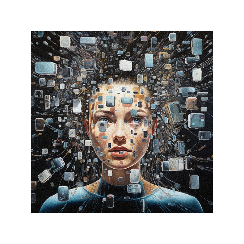 A painting of a woman surrounded by electronic devices.