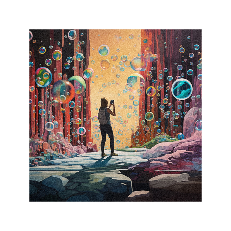 A painting of a person standing in front of soap bubbles.