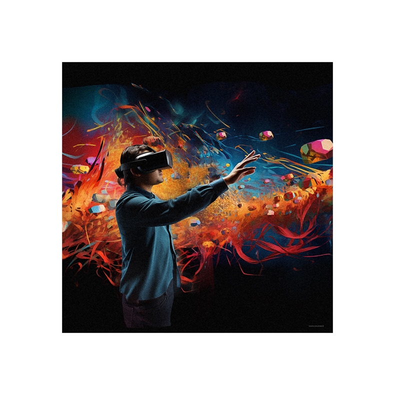 A man wearing a vr headset in front of a colorful background.