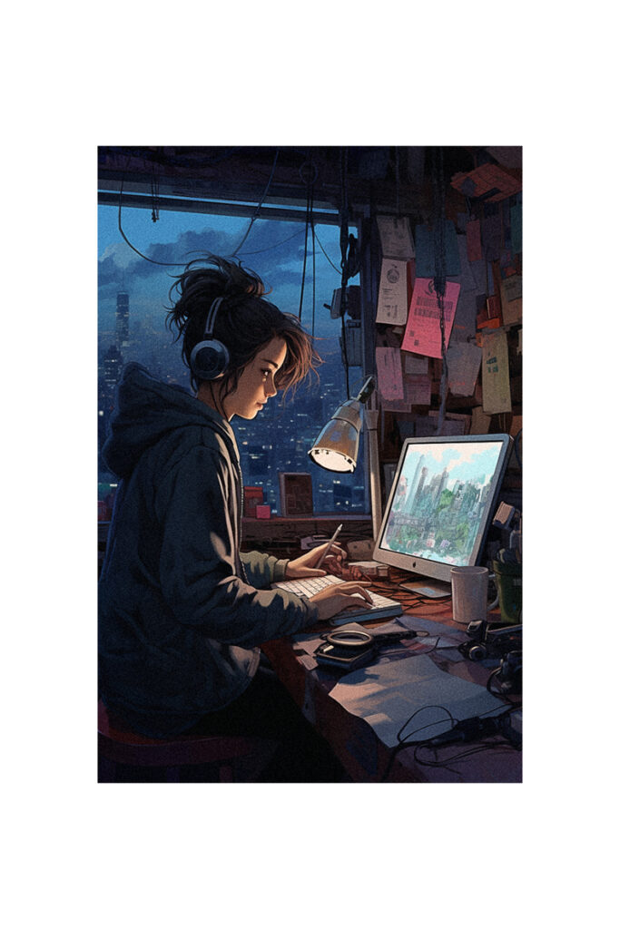 A girl sitting at a desk working on her computer.