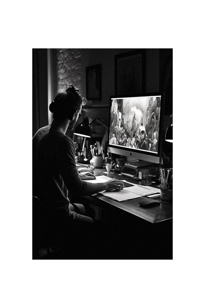 A black and white photo of a man working at a desk.