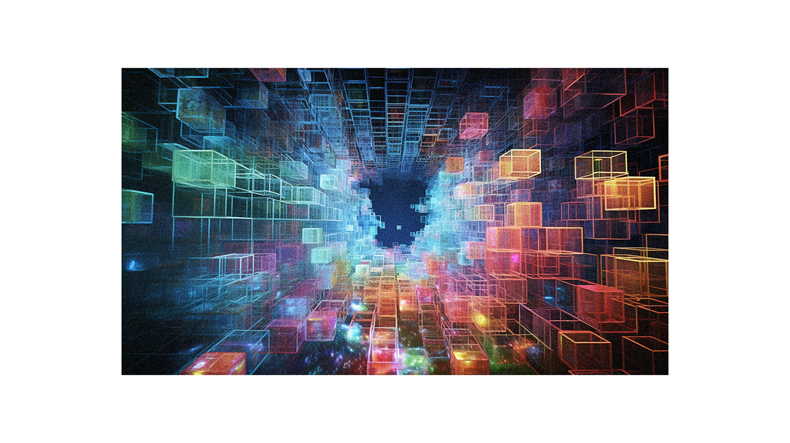 An image of colorful cubes in a dark tunnel.