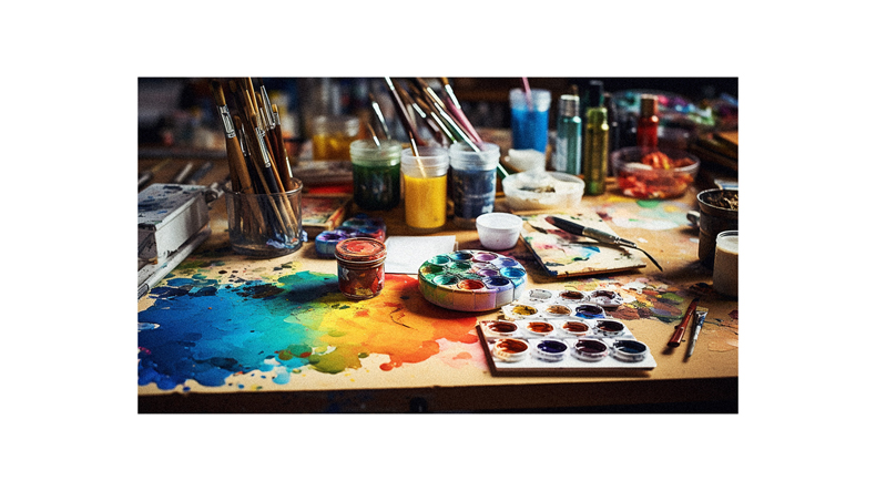 An artist's workspace with paints and brushes on a table.