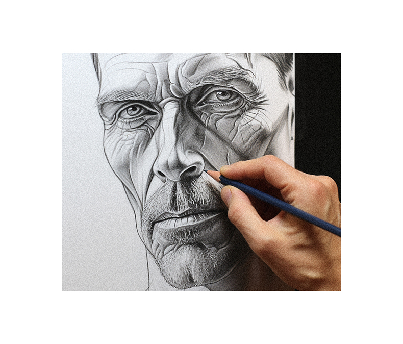 A person drawing a portrait of a man with a pencil.