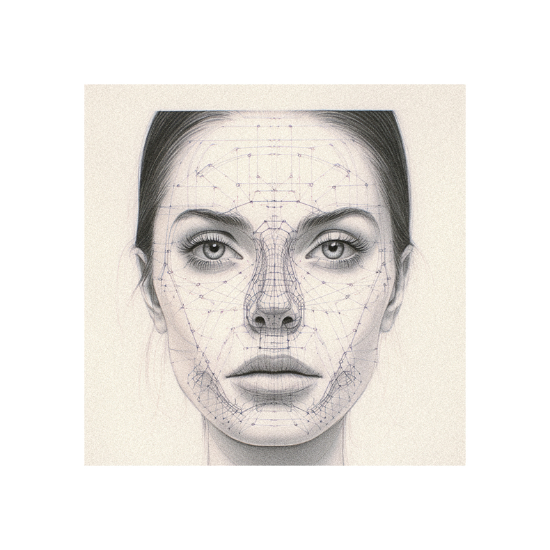 A drawing of a woman's face with lines drawn on it.