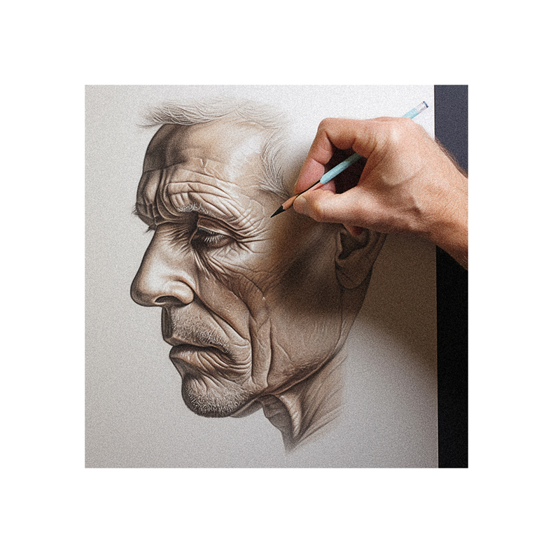 A person is drawing an old man's face with a pencil.