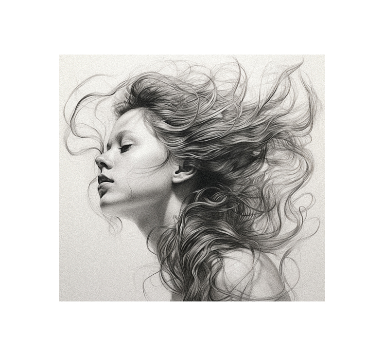 A drawing of a woman with her hair blowing in the wind.