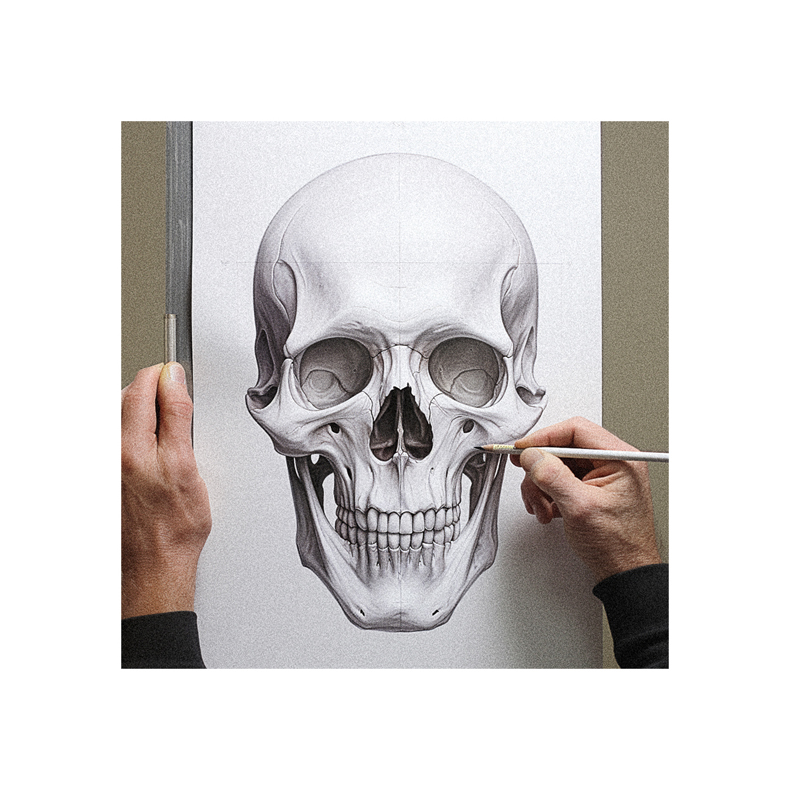 A person drawing a skull on a piece of paper.
