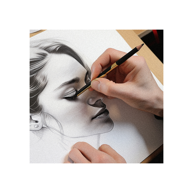 A person is drawing a woman's face with a pencil.