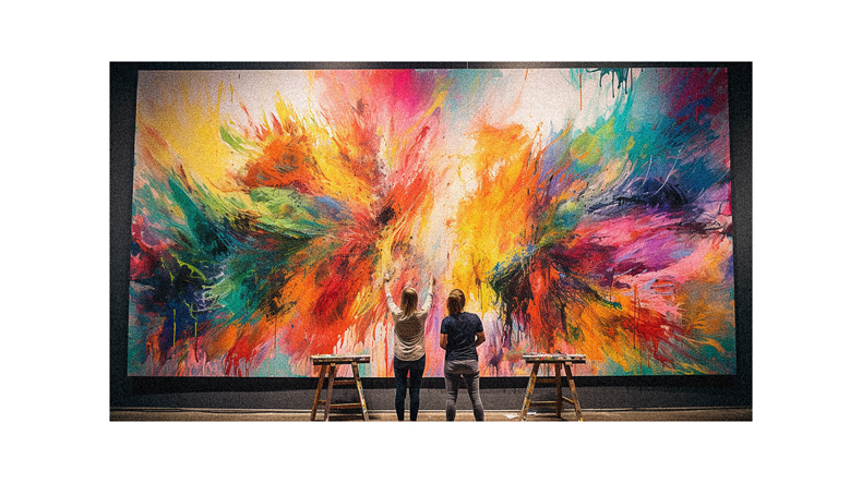Two people standing in front of a colorful painting.
