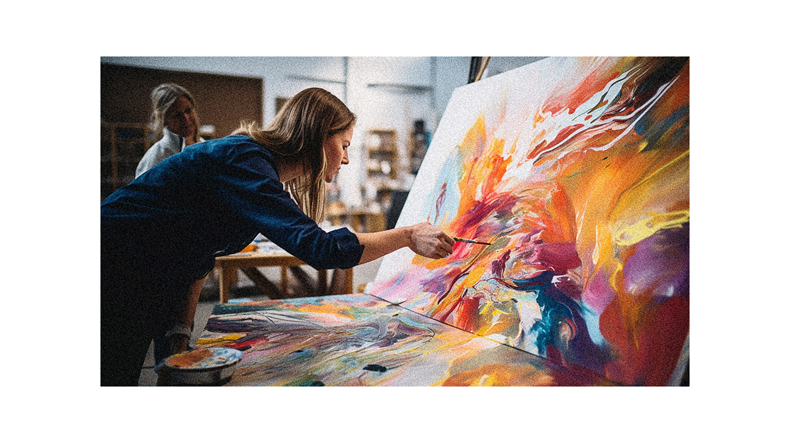 A woman painting on an easel in an art studio.