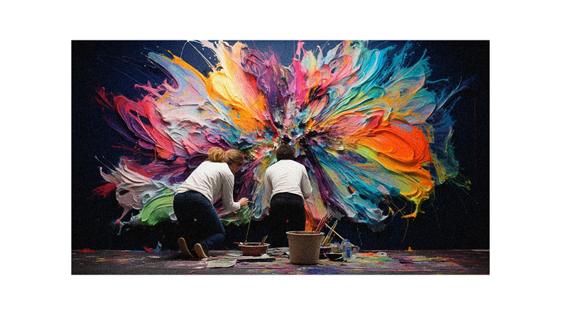 Two people working on a colorful painting.