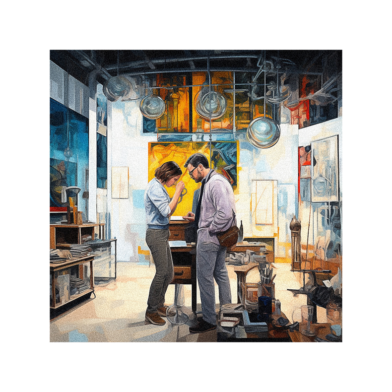 A painting of two people in an art studio.